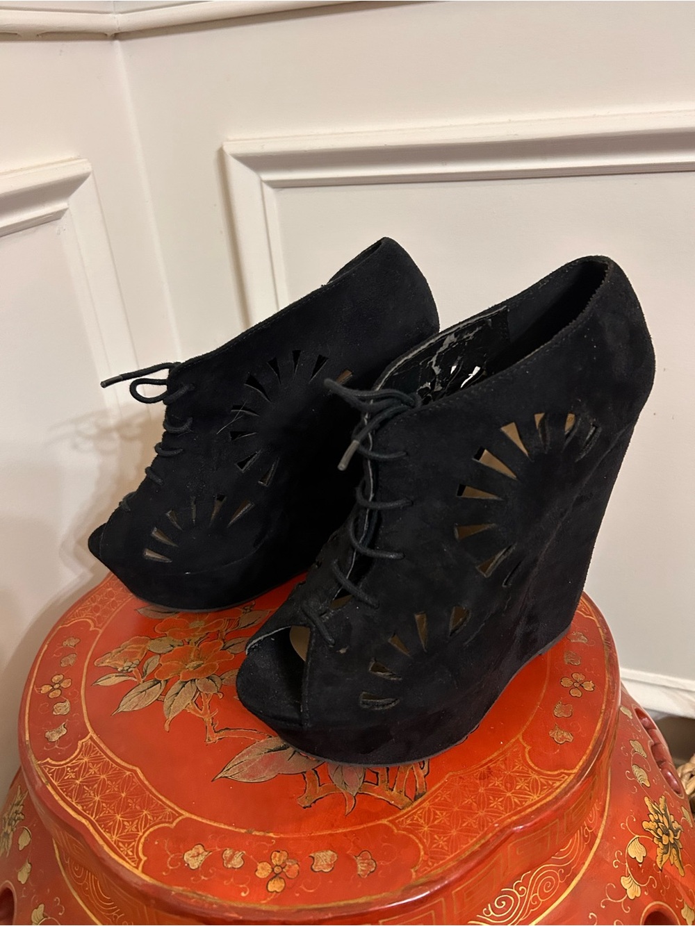 Delicious Black Suede Peep Toe‎ Lace-Up Wedge Booties